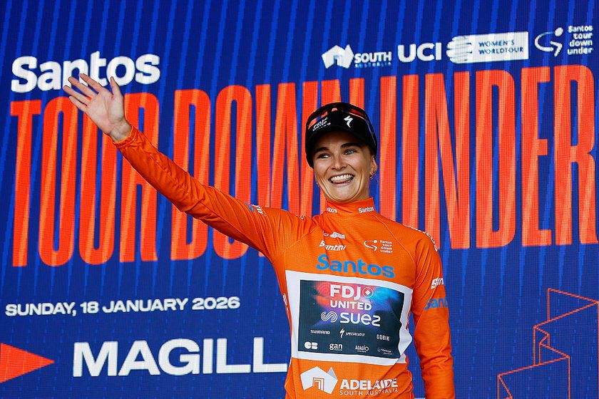 PARACOMBE, AUSTRALIA - JANUARY 18: Ally Wollaston of New Zealand and Team FDJ United - SUEZ celebrates at podium as Orange Santos Leader&amp;apos;s Jersey winner during the 10th Santos Women&amp;apos;s Tour Down Under 2026, Stage 2 a 130.7km stage from Magill to Paracombe 410m / #UCIWWT / on January 18, 2026 in Paracombe, Australia. (Photo by Con Chronis/Getty Images)