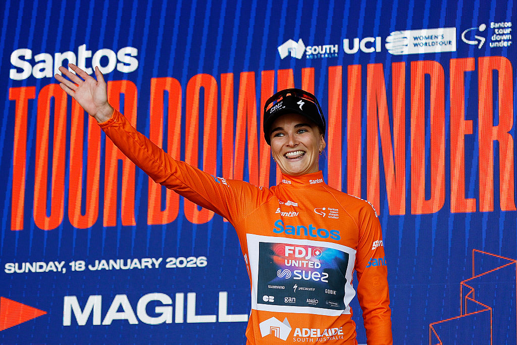 PARACOMBE, AUSTRALIA - JANUARY 18: Ally Wollaston of New Zealand and Team FDJ United - SUEZ celebrates at podium as Orange Santos Leader&amp;apos;s Jersey winner during the 10th Santos Women&amp;apos;s Tour Down Under 2026, Stage 2 a 130.7km stage from Magill to Paracombe 410m / #UCIWWT / on January 18, 2026 in Paracombe, Australia. (Photo by Con Chronis/Getty Images)