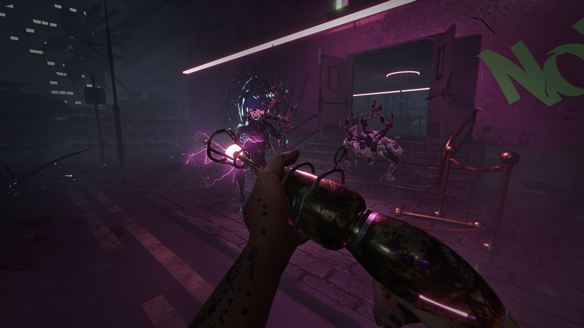 first person view purple neon view inspecting alien blaster