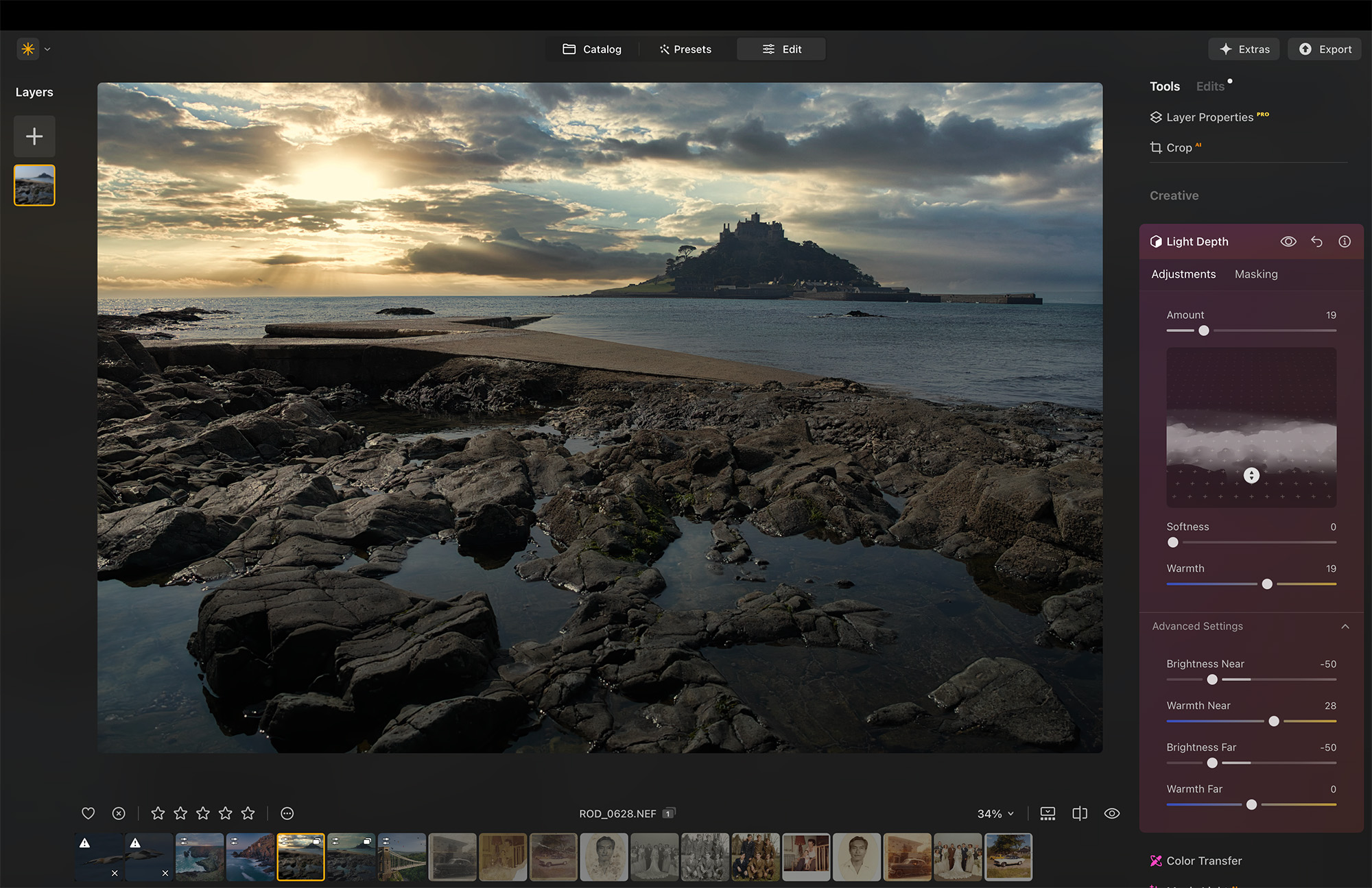 Screenshot from Luminar Neo showing image of rocky foreground with island in the background