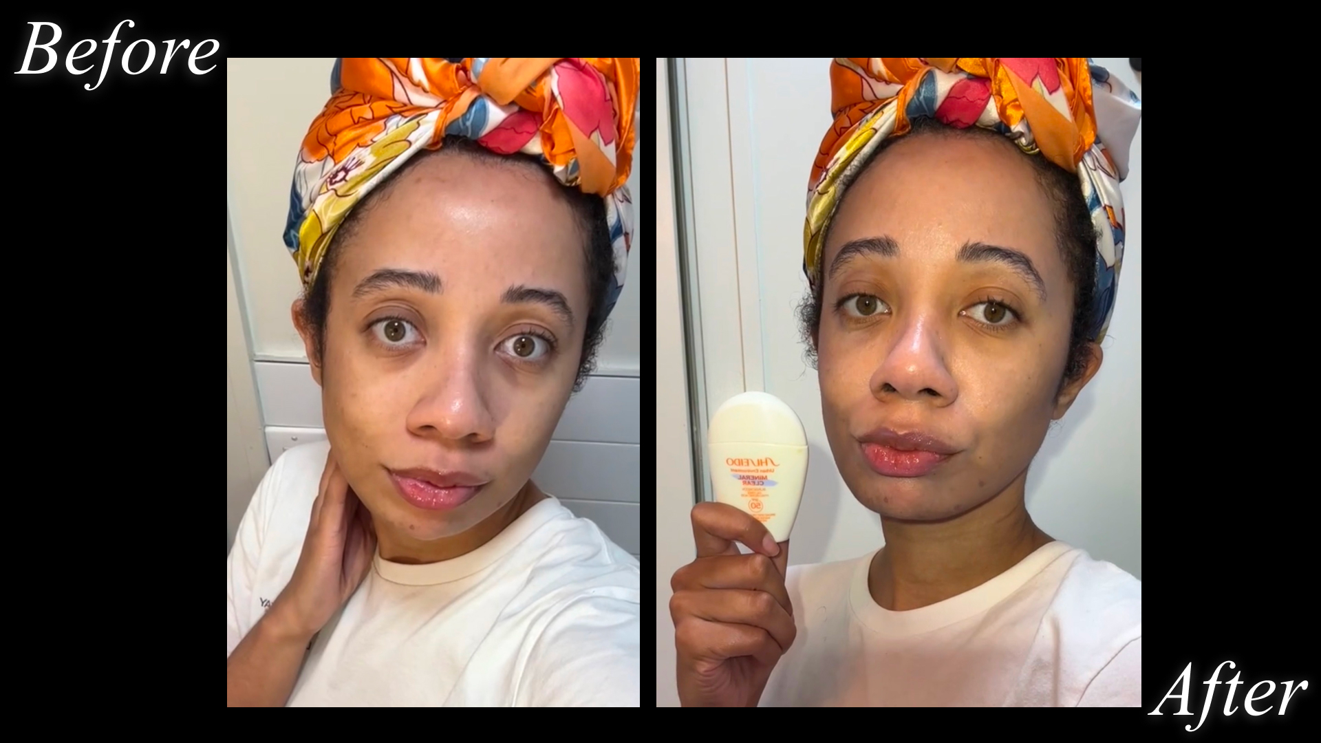 a woman in a white t-shirt and floral headwrap