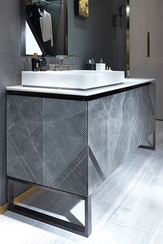 Bathroom cabinet made from patterned grey marble