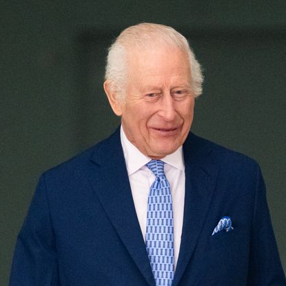 King Charles wearing a blue suit and light blue tie standing in front of a green background