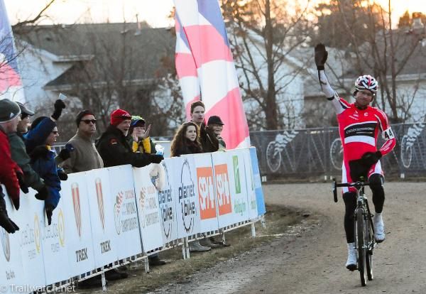 Dylan McNicholas (Cyclocrossworld.com) rolls across the line alone in the Men&rsquo;s 30-34 race