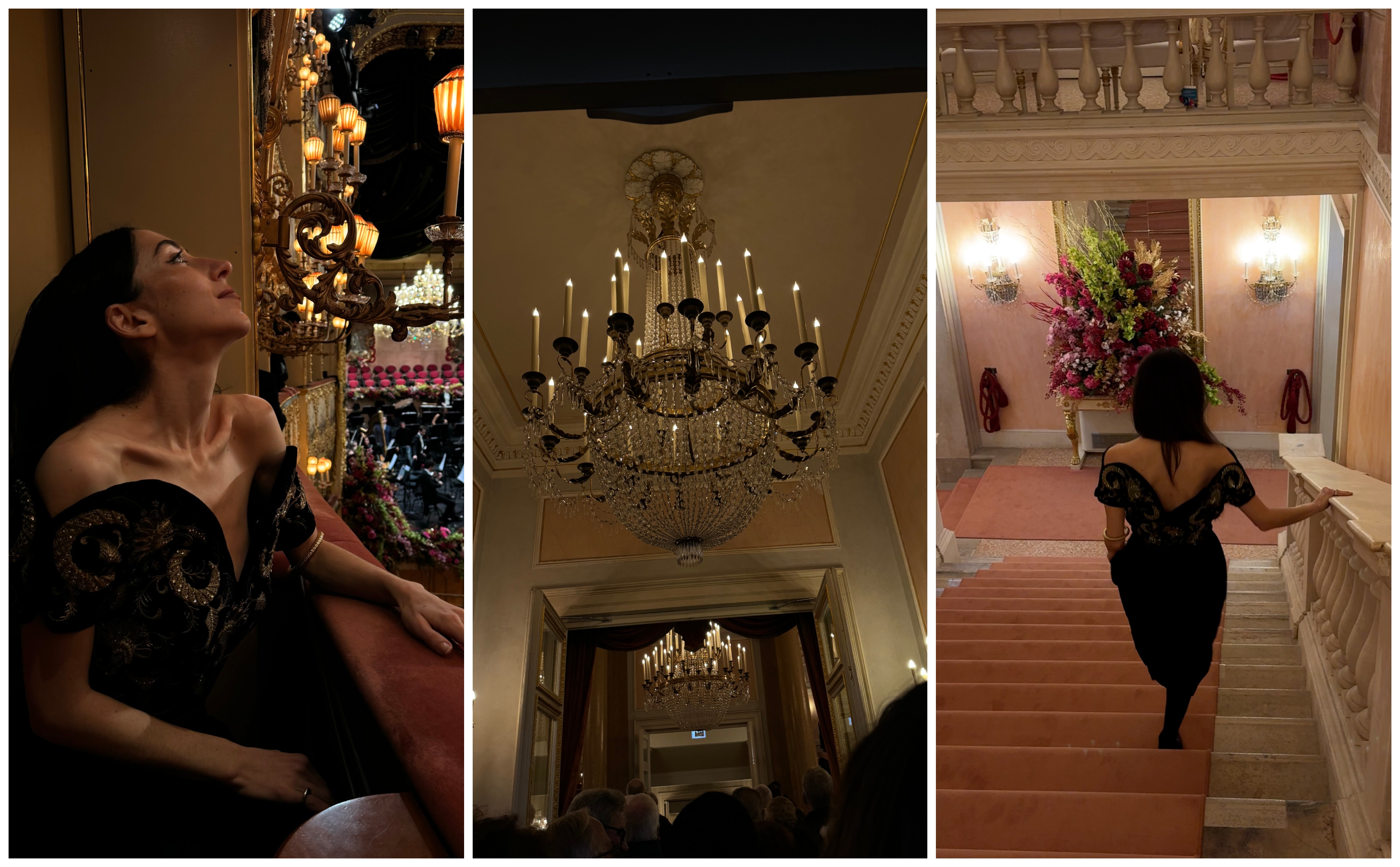 Alexis Badiyi wearing a black dress; image of a chandelier, Alexis Badiyi wearing a black dress