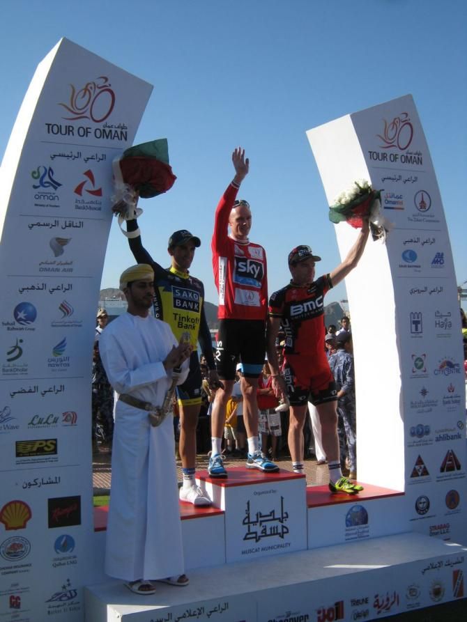 Chris Froome (Sky), flanked by Alberto Contador (Saxo-Tinkoff) and Cadel Evans (BMC) on the podium of the 2013 Tour of Oman.
