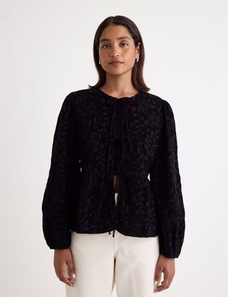 Black Embroidered Cord Tie Front Blouse