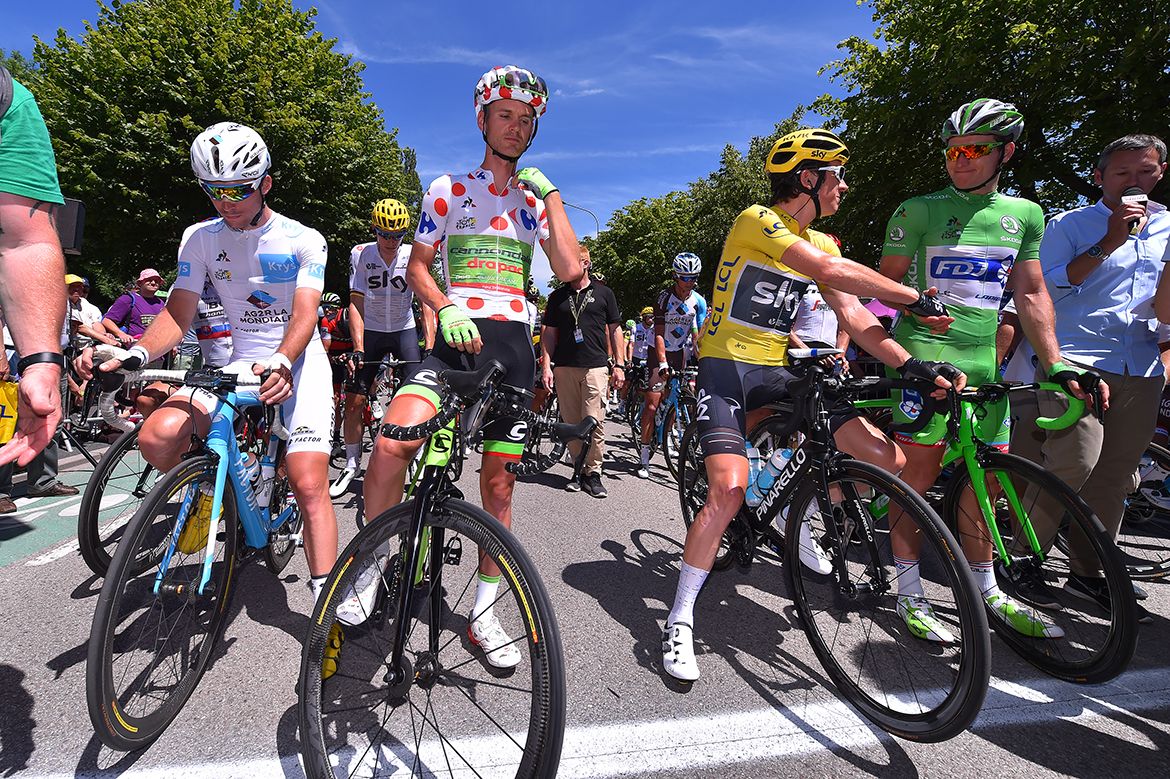 The leader's jerseys before Stage 5 of the Tour de France