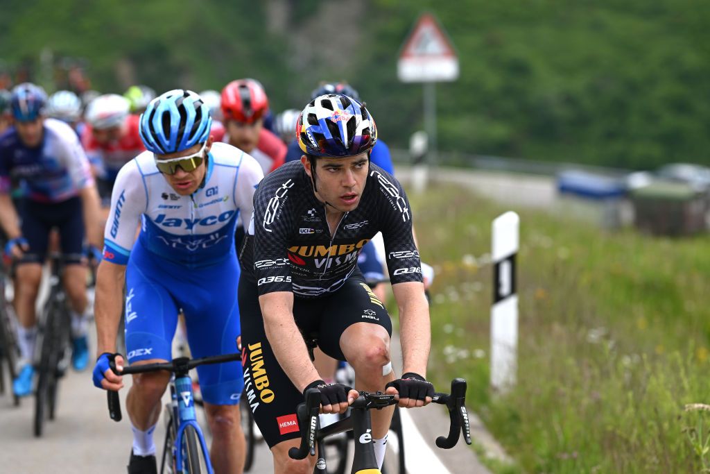 LA PUNT SWITZERLAND JUNE 15 Wout Van Aert of Belgium and Team JumboVisma Black Points Jersey competes in the breakaway during the 86th Tour de Suisse 2023 Stage 5 a 211km stage from Fiesch to La Punt 1696m UCIWT on June 15 2023 in La Punt Switzerland Photo by Dario BelingheriGetty Images