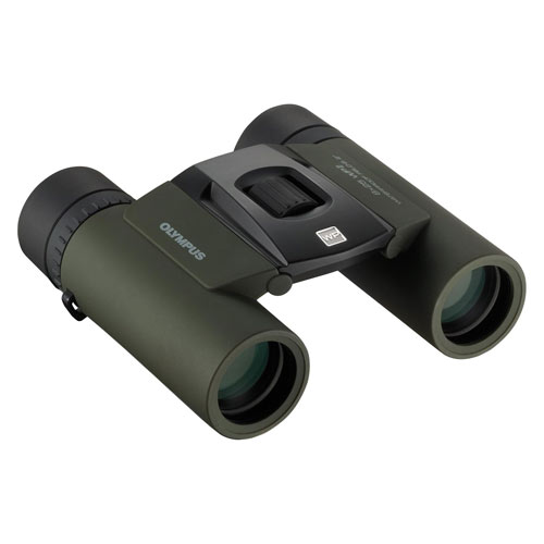 The Olympus WP II 8x25 binoculars on a white background.