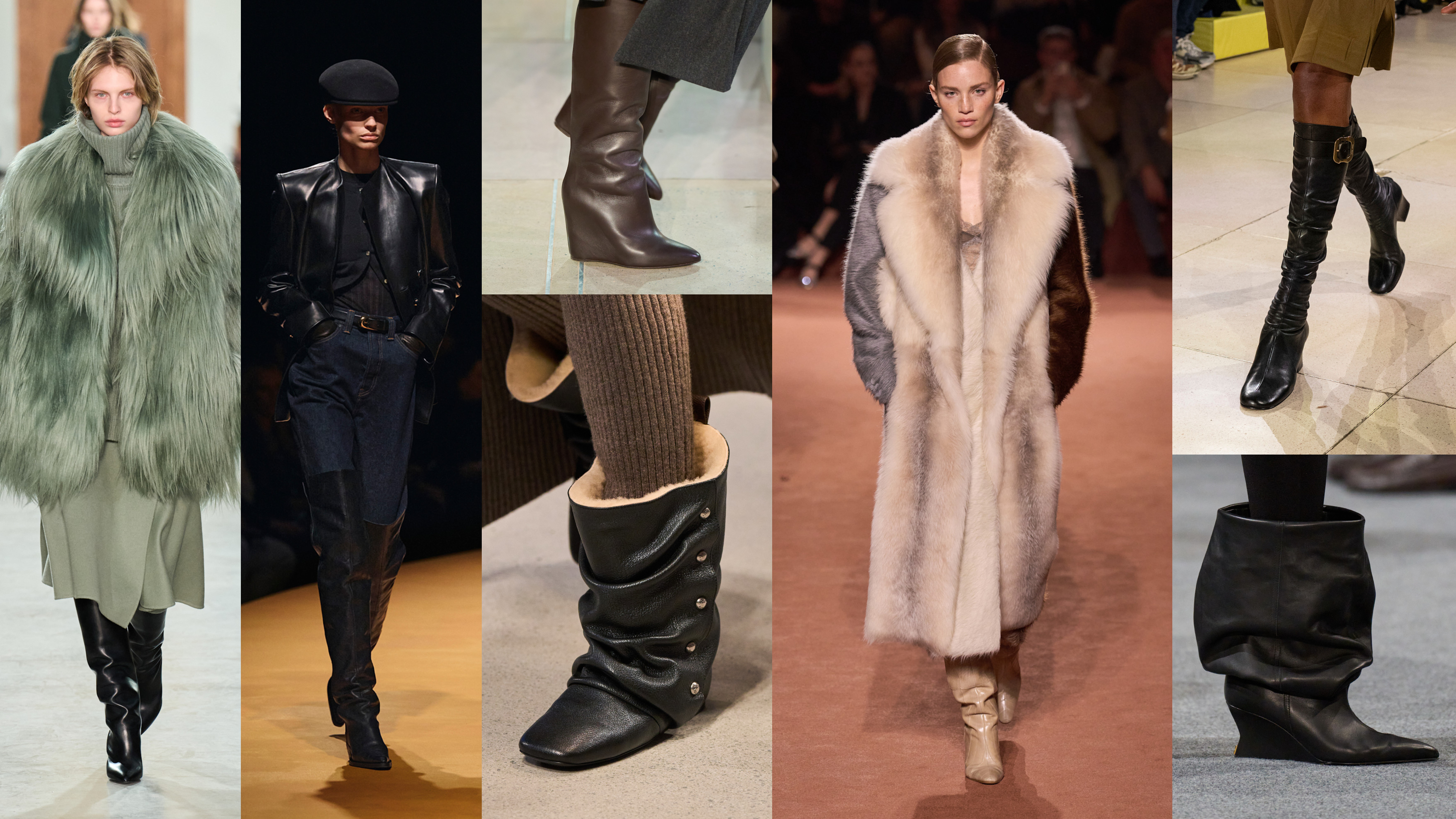 the slouchy boot trend at Fall 2025 runway shows at Michael Kors Collection, Khaite, Louis Vuitton, Fendi, Miu Miu, and Balmain
