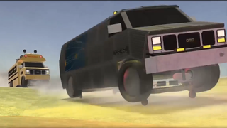 A recreation of a scene from the movie Twister in the videogame Kerbal Space Program. A truck and small schoolbus art hurtling toward the camera over a hill.