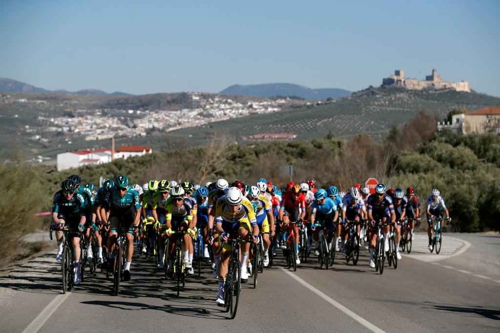 ALCALA LA REAL SPAIN FEBRUARY 17 A general view of the peloton competing during the 68th Vuelta A Andalucia Ruta Del Sol 2022 Stage 2 a 1506km stage from Archidona to Alcal La Real 982m 68RdS on February 17 2022 in Alcala la Real Spain Photo by Bas CzerwinskiGetty Images