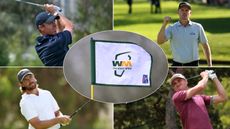 Rory McIlroy, Justin Rose, Tommy Fleetwood and Justin Thomas with a WM Phoenix Open flag centered
