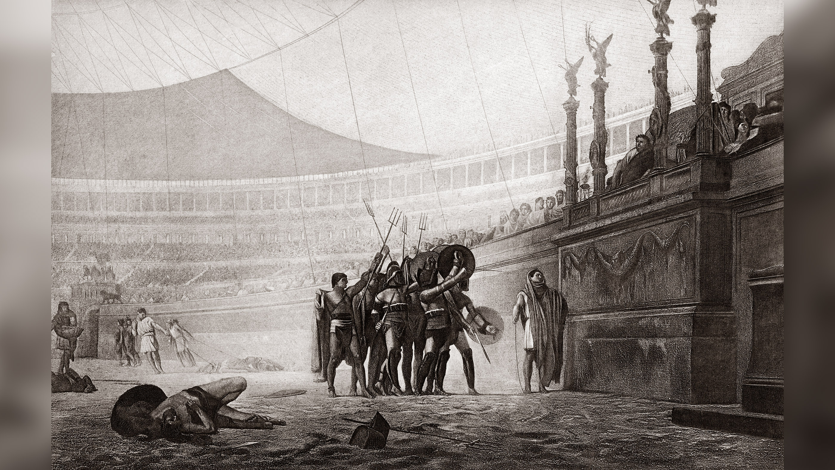 Antike römische Gladiatoren halten Dreizack, während sie ihren Herrscher grüßen.