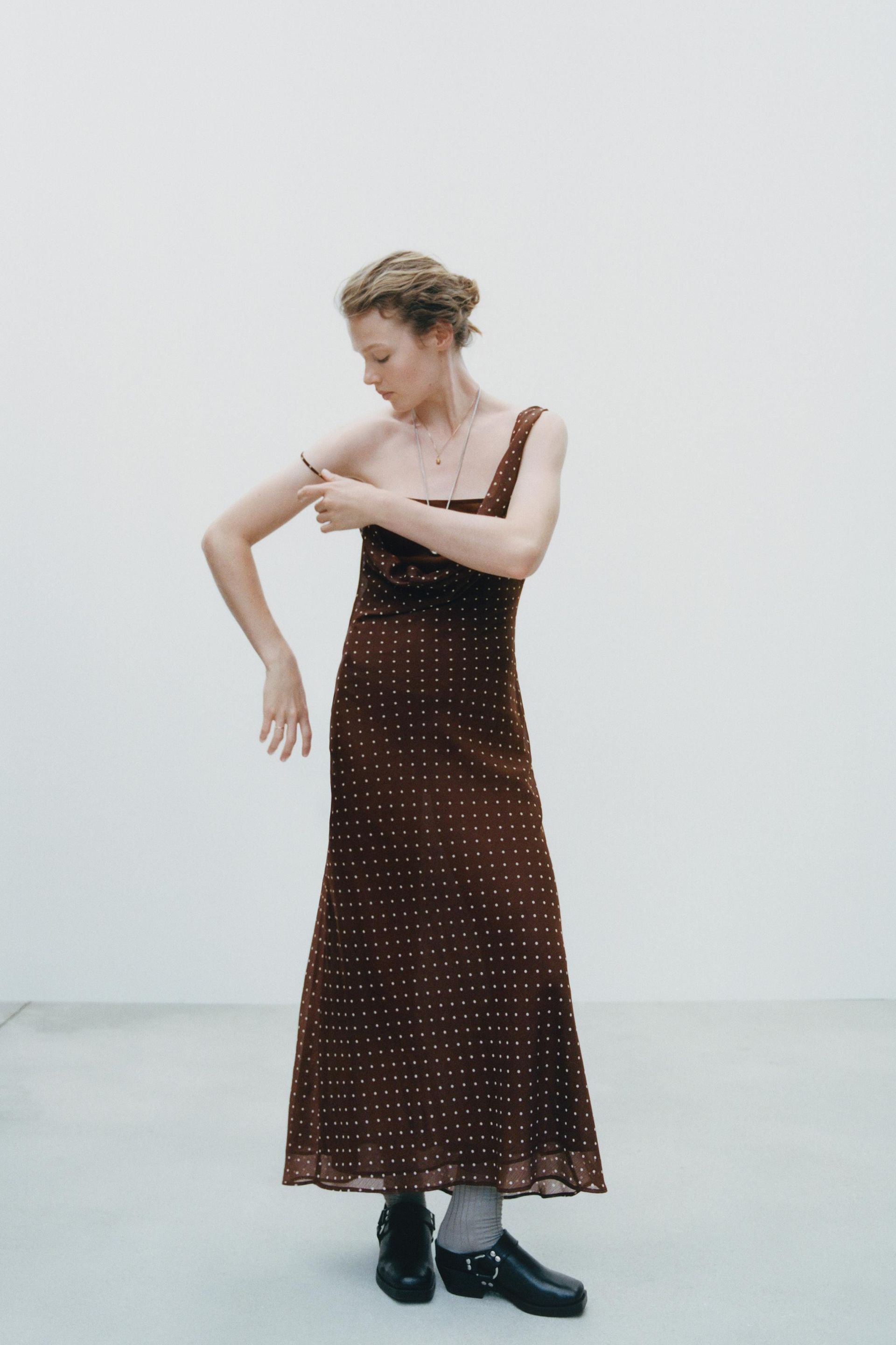 Draped Neck Polka Dot Dress