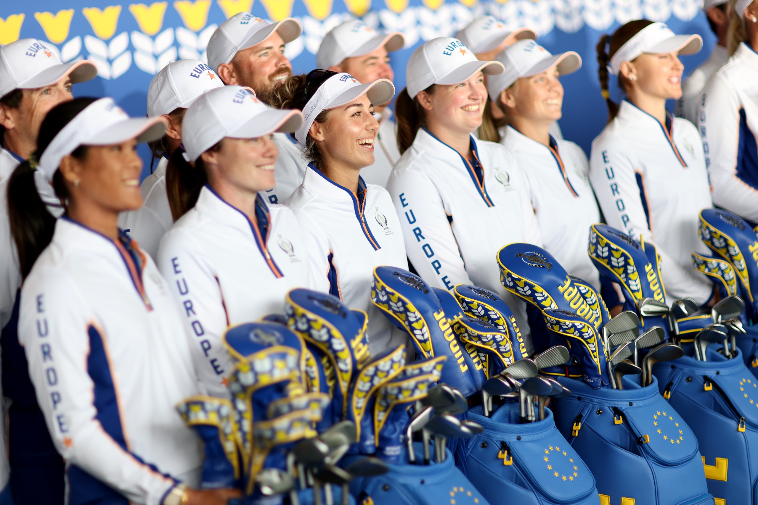 Team Europe in line with their blue and yellow golf bags at the Solheim Cup 2026