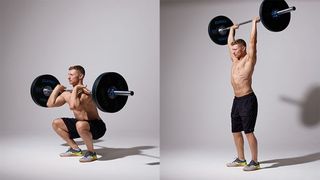 Man demonstrates two positions of the thruster exercise using a barbell