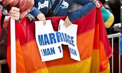 A same-sex marriage protest in California: With public opinion shifting in favor of gay marriage, one GOP pollster urges his party to "evolve" right along with President Obama.