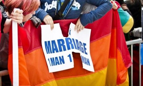 A same-sex marriage protest in California: With public opinion shifting in favor of gay marriage, one GOP pollster urges his party to &amp;quot;evolve&amp;quot; right along with President Obama.