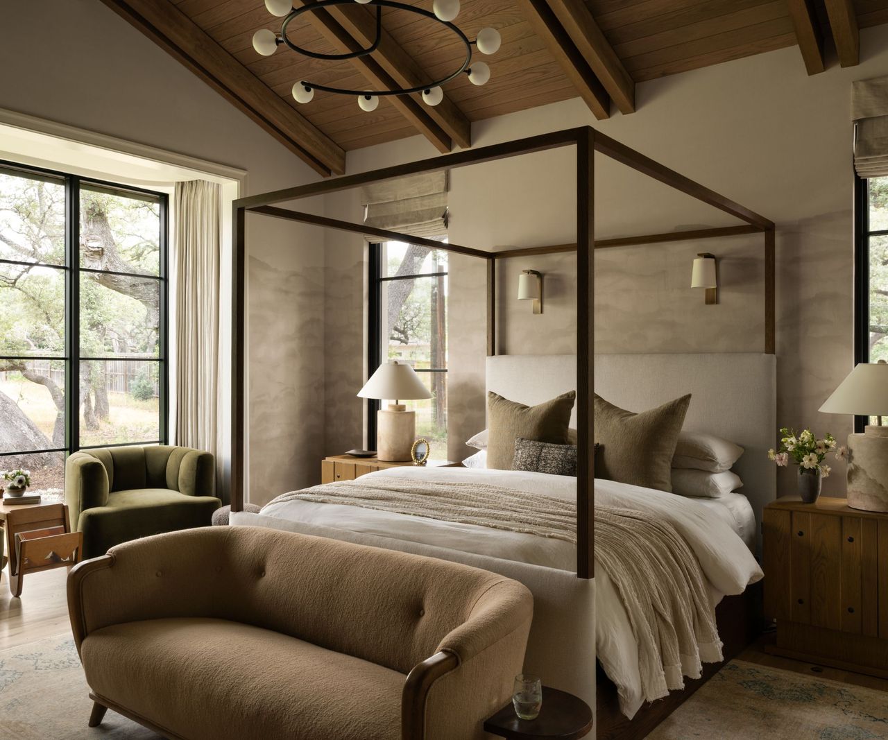 the serene modern rustic primary bedroom of Studio McGee's The Oaks house tour