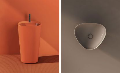 Left Image: Orange wall and orange textured floor, orange floor standing wash basin and black spout tap. Right image: beige triangular shaped basin with rounded edges, beige background