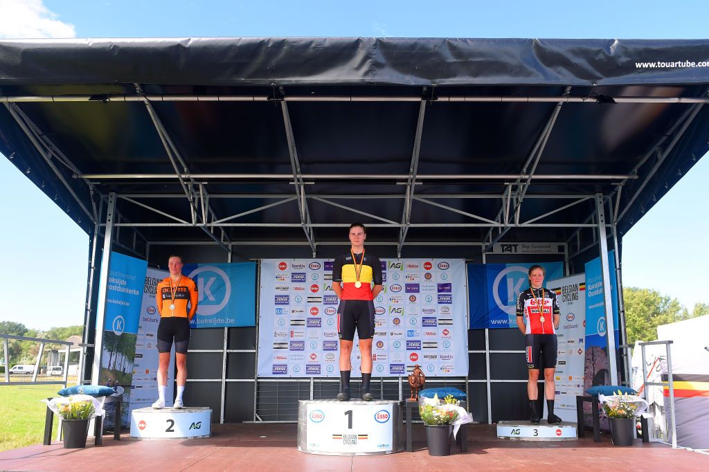 kopecky KOKSIJDE BELGIUM AUGUST 20 Podium Sara Van De Vel of Belgium and Team Ciclotel Silver medal Lotte Kopecky of Belgium and Team Lotto Soudal Ladies Belgium Champion Jersey Gold medal Julie Van De Velde of Belgium and Team Lotto Soudal Ladies Bronze medal Celebration during the 121st Belgian Road Championship 2020 Womens Elite Individual Time Trial a 284km Individual Time Trial on Koksijde ITT BELCycling BKKoksijde on August 20 2020 in Koksijde Belgium Photo by Luc ClaessenGetty Images