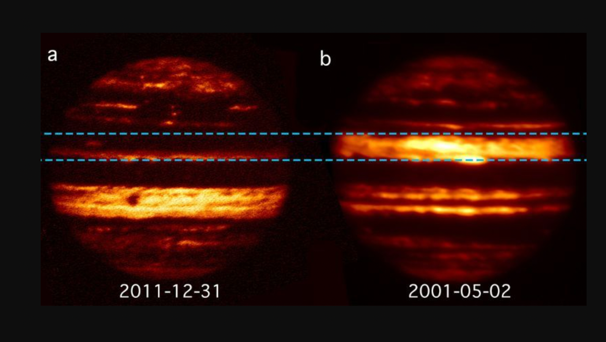 two infrared photos of jupiter showing the planet&#039;s cloud bands in shades of red and orange.