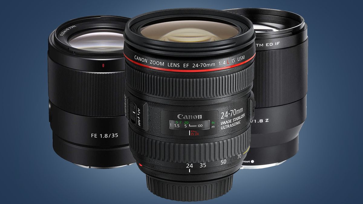 Three camera lenses on a blue background