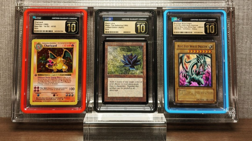 Three of the rarest cards in existence, from Pokemon TCG, Magic: the Gathering, and Yu-Gi-Oh.
