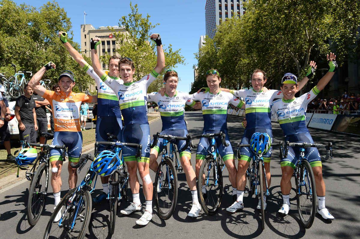 Orica-GreenEdge celebrate their fourth stage win and overall success with Simon Gerrans