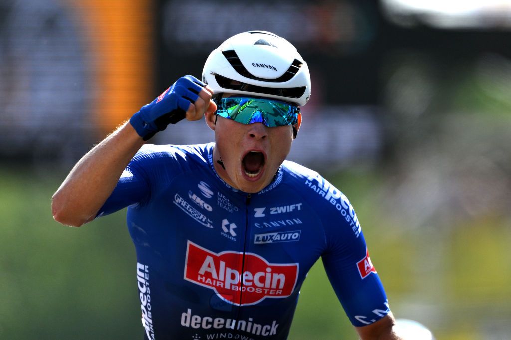 BAYONNE FRANCE JULY 03 Jasper Philipsen of Belgium and Team AlpecinDeceuninck celebrates at finish line as stage winner during the stage three of the 110th Tour de France 2023 a 1935km stage from AmorebietaEtxano to Bayonne UCIWT on July 03 2023 in Bayonne France Photo by David RamosGetty Images