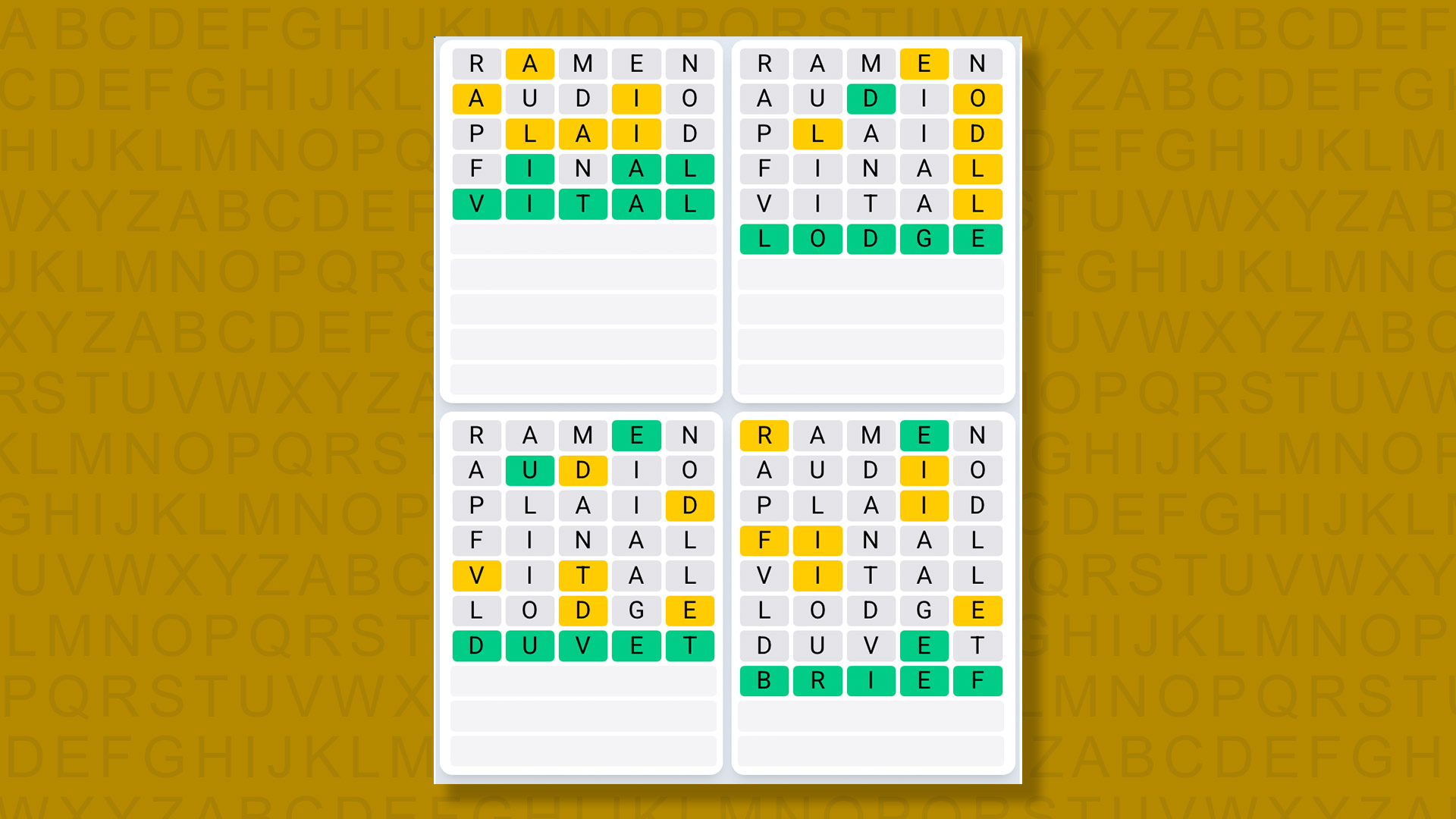 Quordle Daily Sequence answers for game 1554 on a yellow background