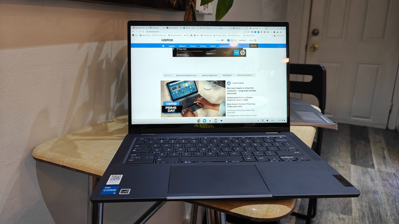 Lenovo IdeaPad Flex 5i Chromebook Plus open on a desk facing the camera