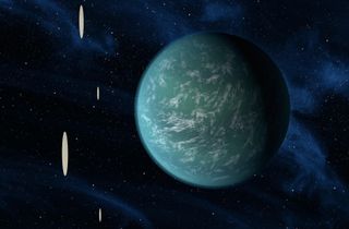 An artist's rendering of a blue planet with circular shapes off to the left