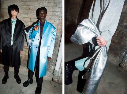 Models wear blue coat, silver bag and grey humber at Raf Simons S/S 2019