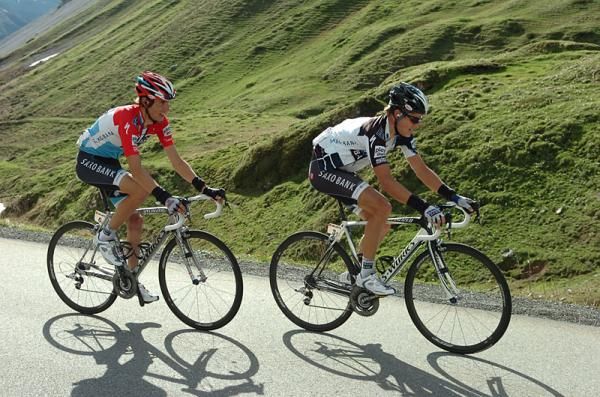 Jakob Fuglsang leads Andy Schleck (both Team Saxo Bank)