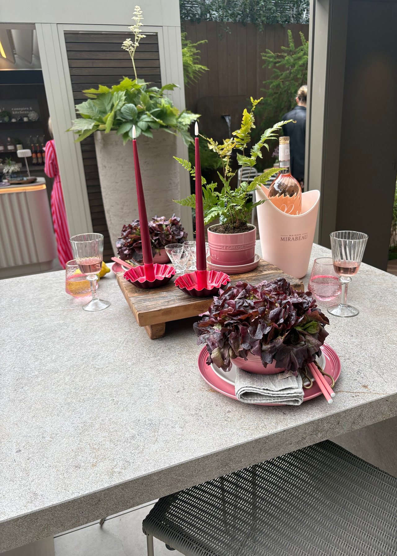An outdoor dining space at the Chelsea Flower Show 2026