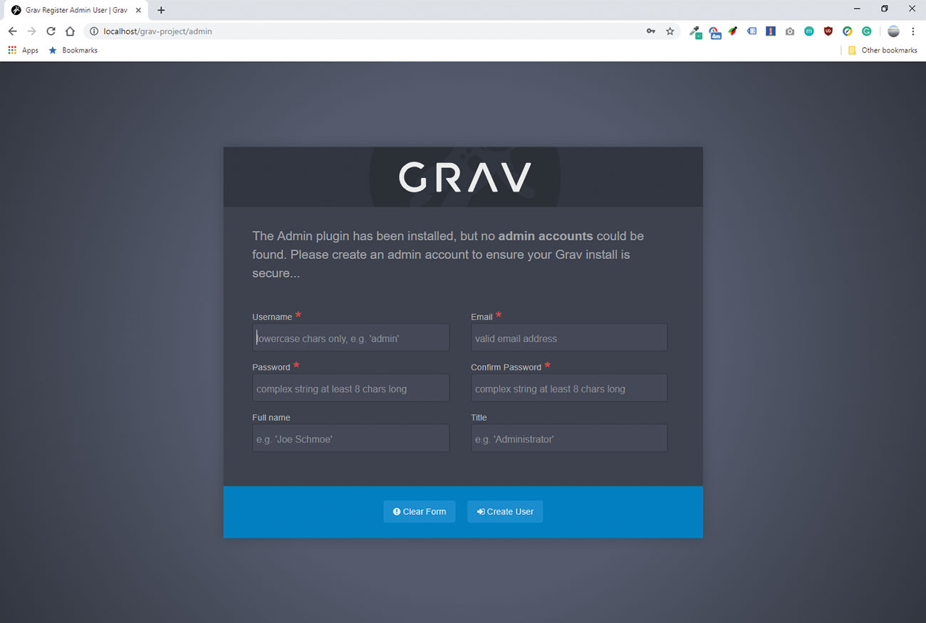 Get started with Grav CMS: Create an admin user