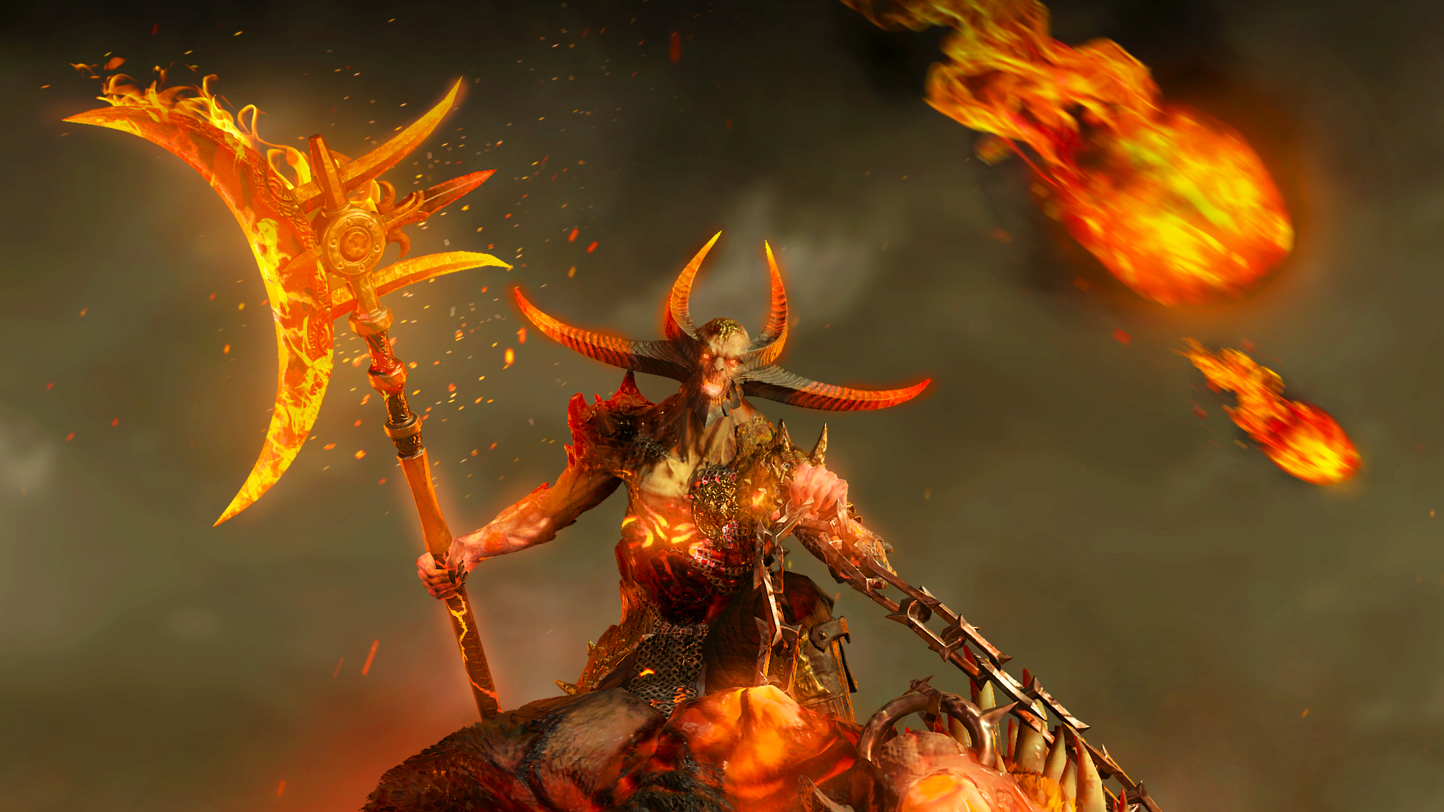 Diablo 4 demon Astaroth holds a flaming axe aloft as he rides his three-headed dog in a storm of fire.