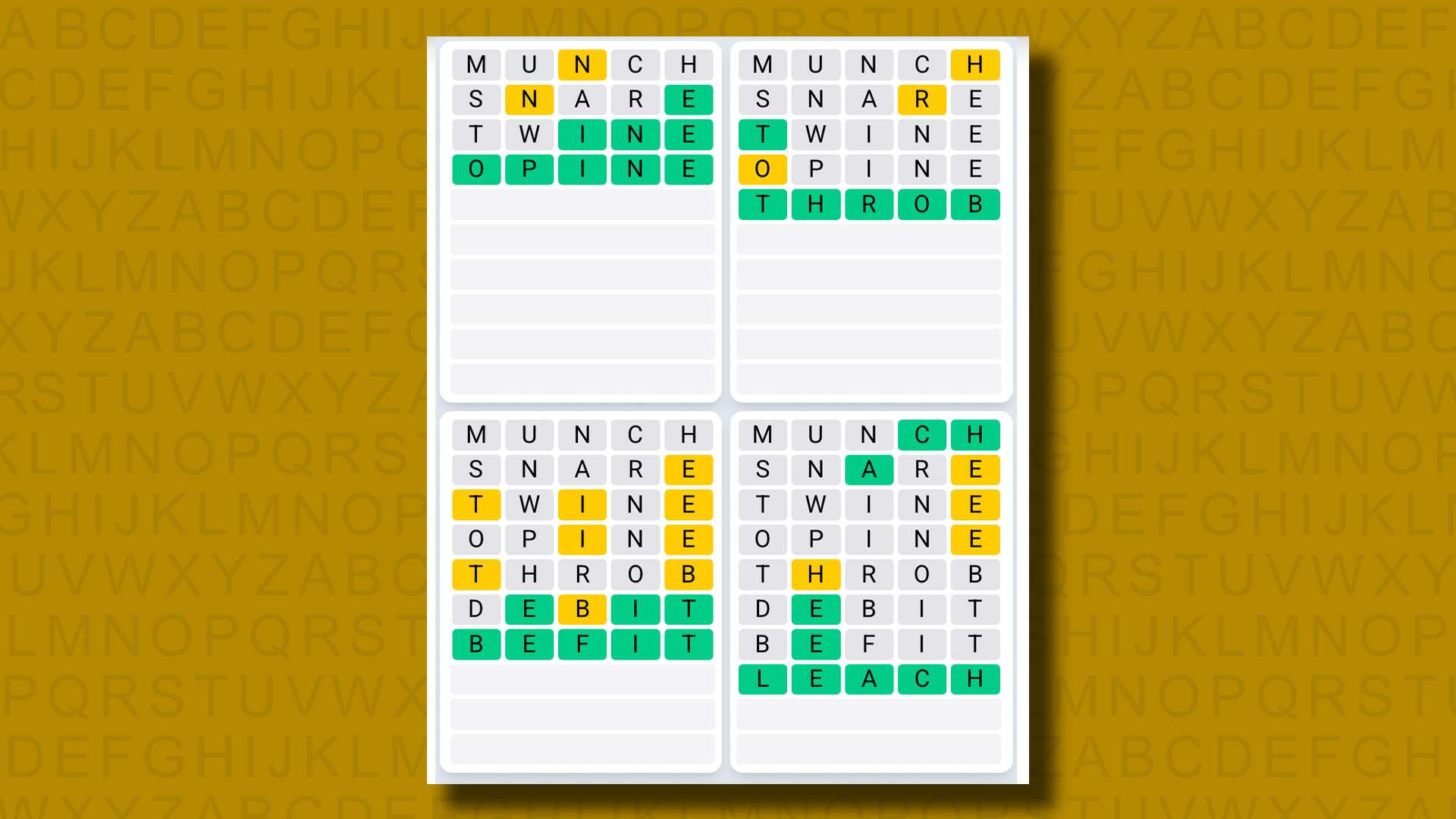 Quordle Daily Sequence answers for game 1327 on a yellow background