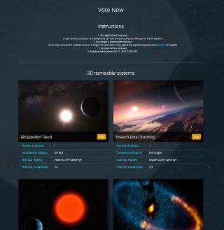 A screenshot showing the voting page for the International Astronomical Union's "NameExoWorlds" contest.