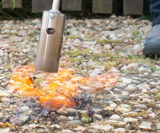 Flame gun removing weeds from gravel