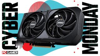 An MSI Shadow Nvidia RTX 5070 graphics card on a blue and red Cyber Monday background