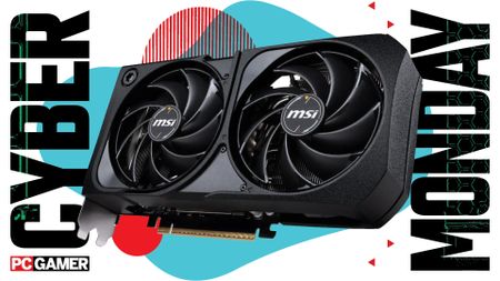 An MSI Shadow Nvidia RTX 5070 graphics card on a blue and red Cyber Monday background