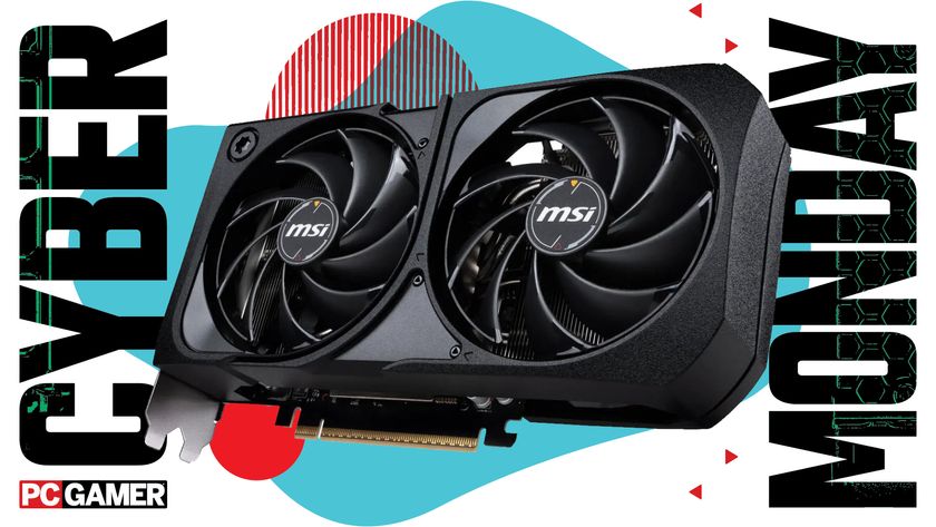 An MSI Shadow Nvidia RTX 5070 graphics card on a blue and red Cyber Monday background