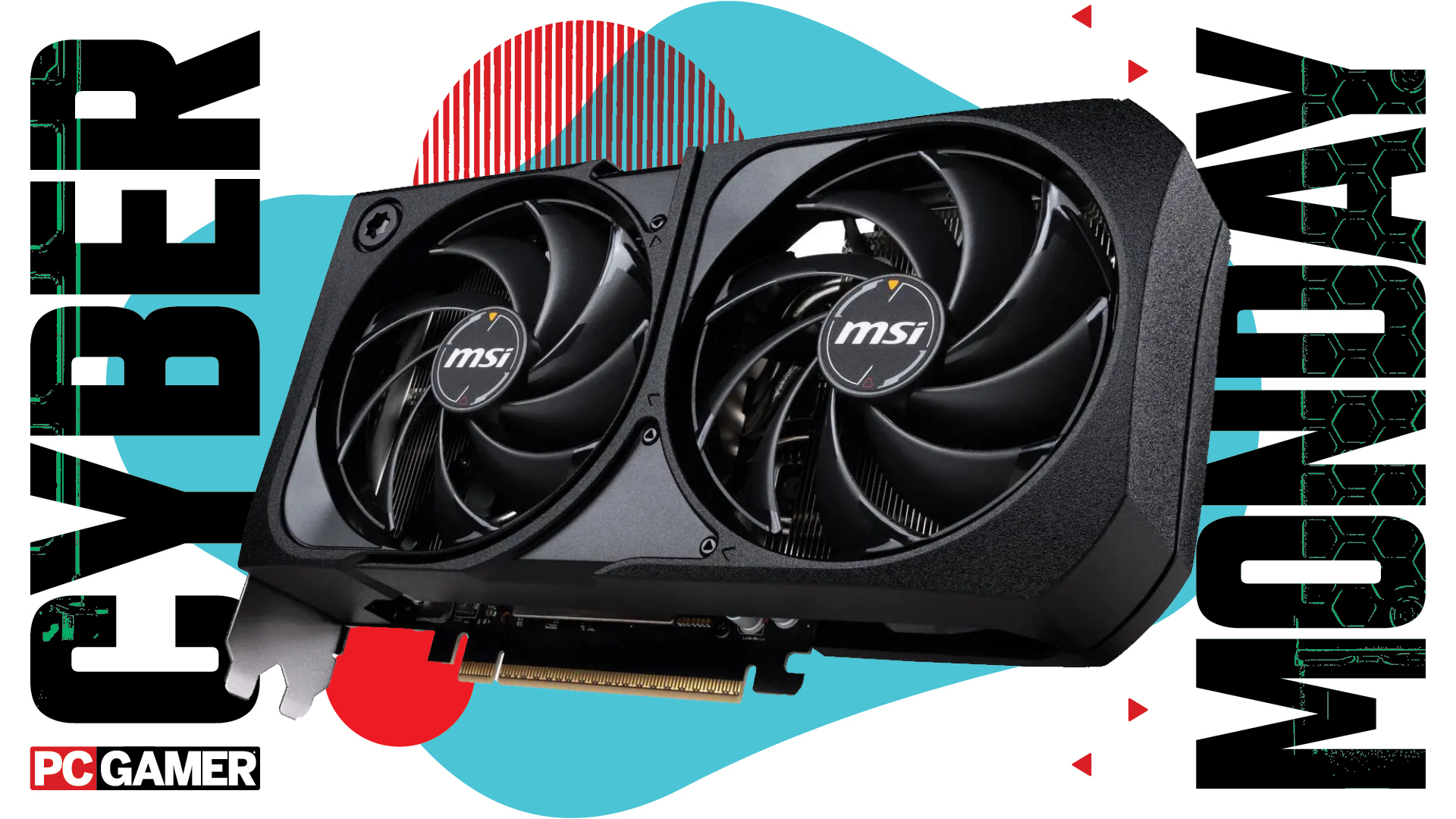 An MSI Shadow Nvidia RTX 5070 graphics card on a blue and red Cyber Monday background