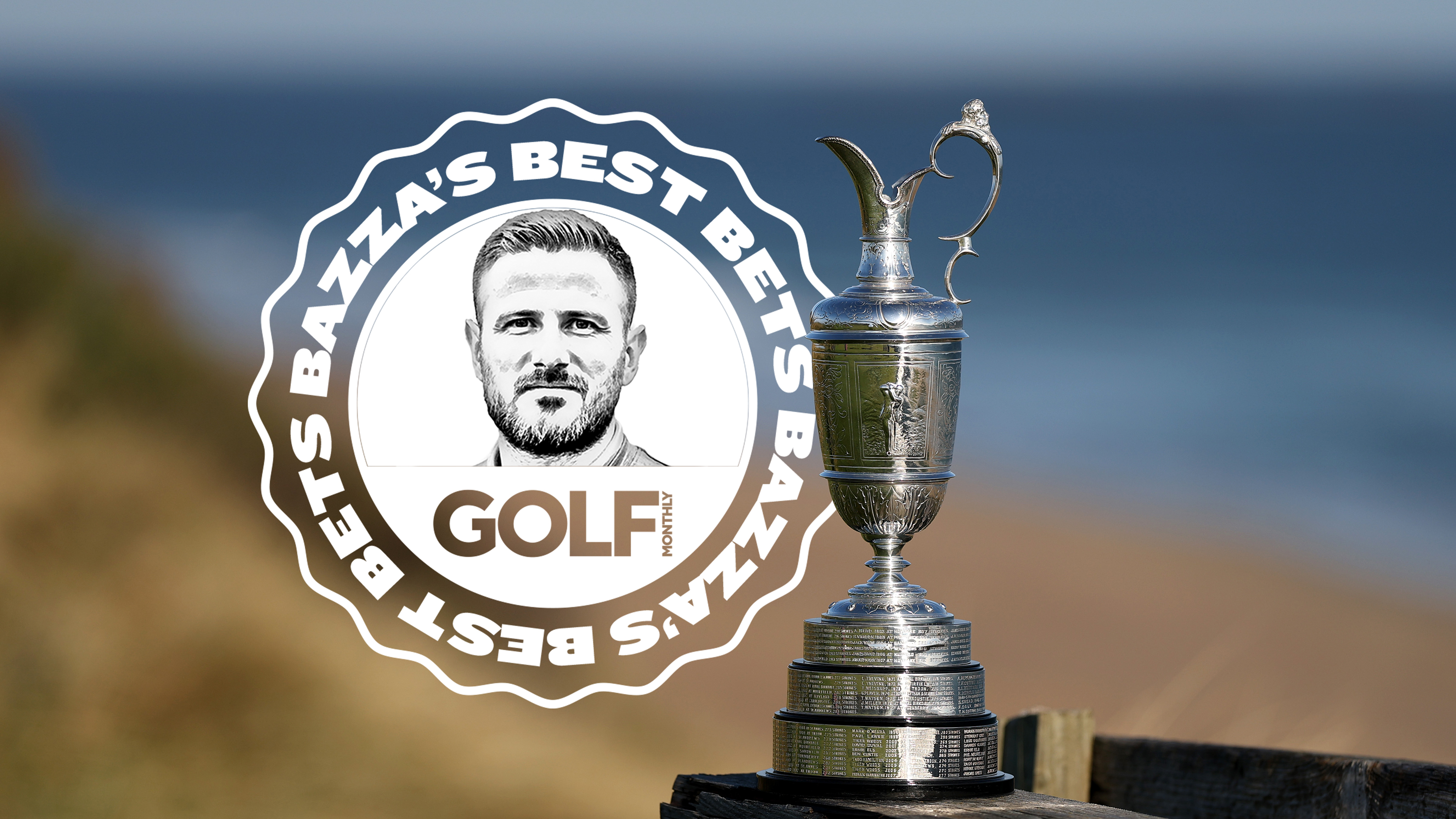 The Claret Jug that will be awarded to the winner of the Open Championship at Royal Portrush, with an inset image of the &#039;Bazza&#039;s best bets&#039; badge signifying the tips of betting expert Baz Plummer