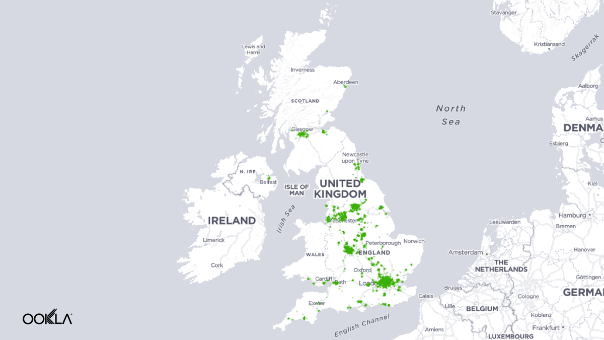 Ookla map of 5G coverage for MNO Three UK.