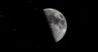 A quarter moon hangs central and large in starry space, its shadowed half on the left.